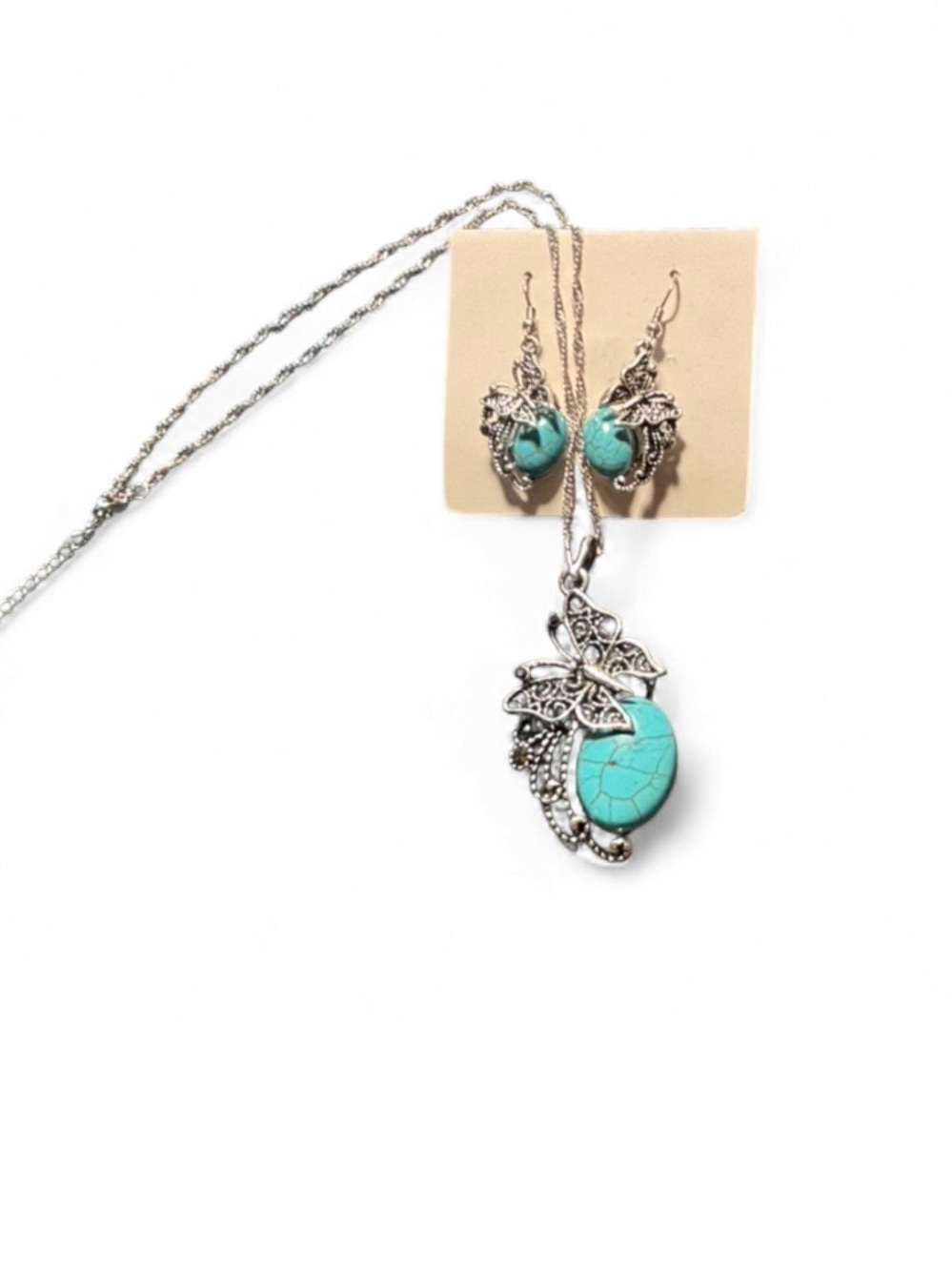 Turquoise silver  - tone Necklace and Earrings Set - Turquoise